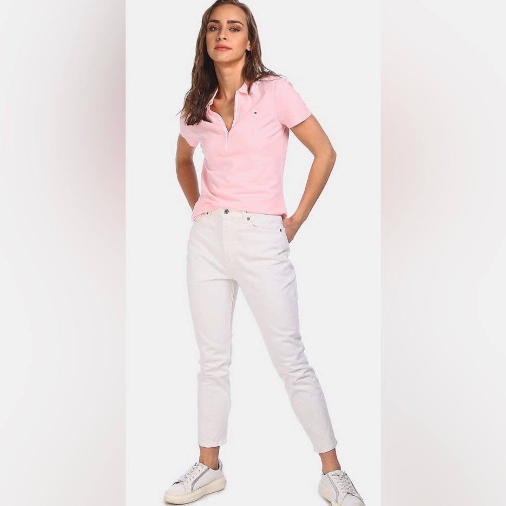 Tommy Hilfiger 100% Cotton Pink Polo top with denim details. Medium. P2P-20.5"